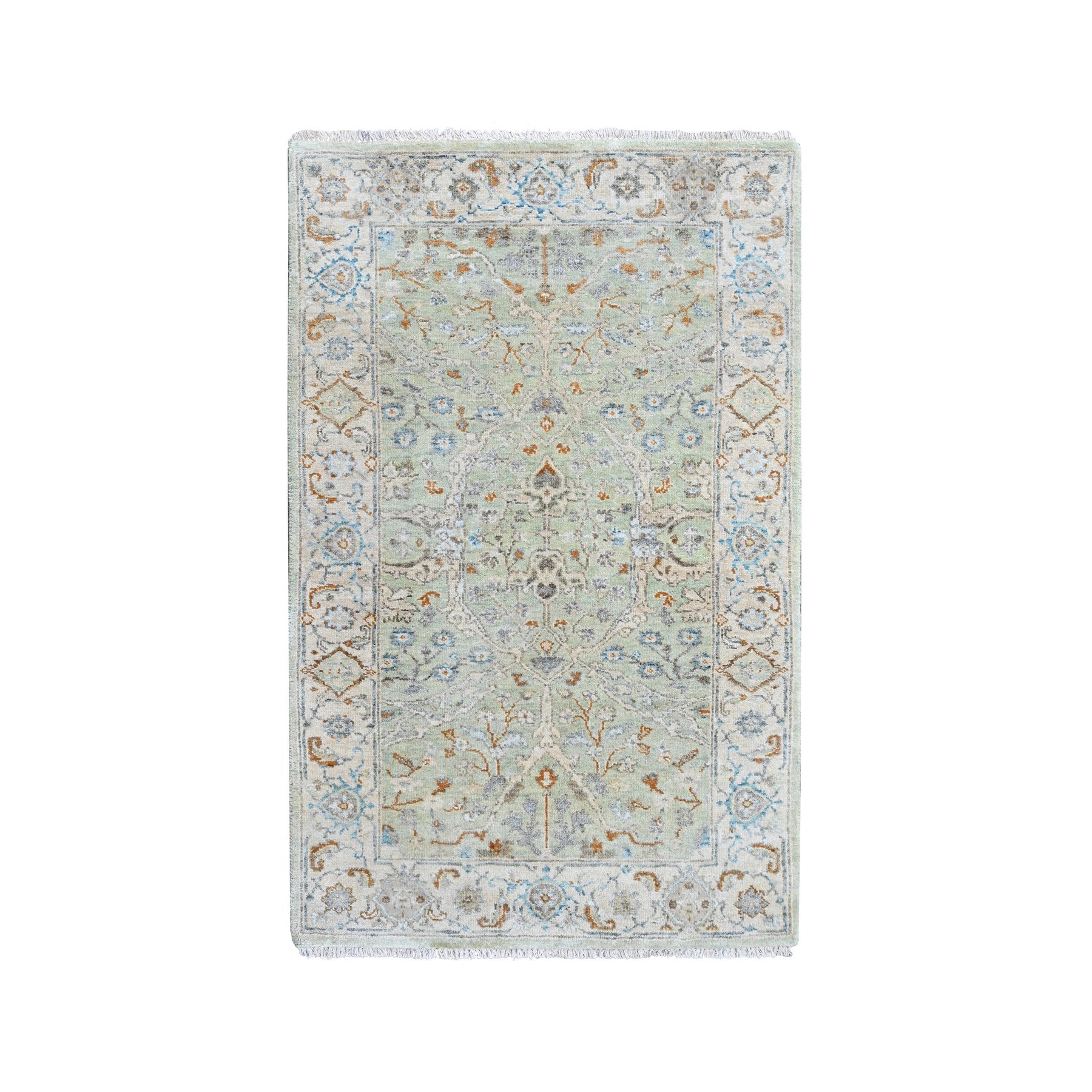 3'1"x5' Pistachio Green, Oushak with Floral Motifs, Hand Knotted, Pure Wool, Soft Pile, Denser Weave, Oriental Rug 